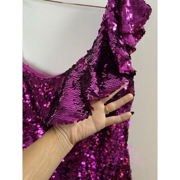 Leith Magenta Sequin One Shoulder Dress Glam Party Sparkle Coquette Maximalist M - Picture 4 of 7
